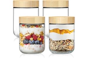 POLCANUR Glass jars with Bamboo Lids 4 pack,16oz Overnight Oats Containers, Reusable Wide mouth Salad jars, Glass Food Storag
