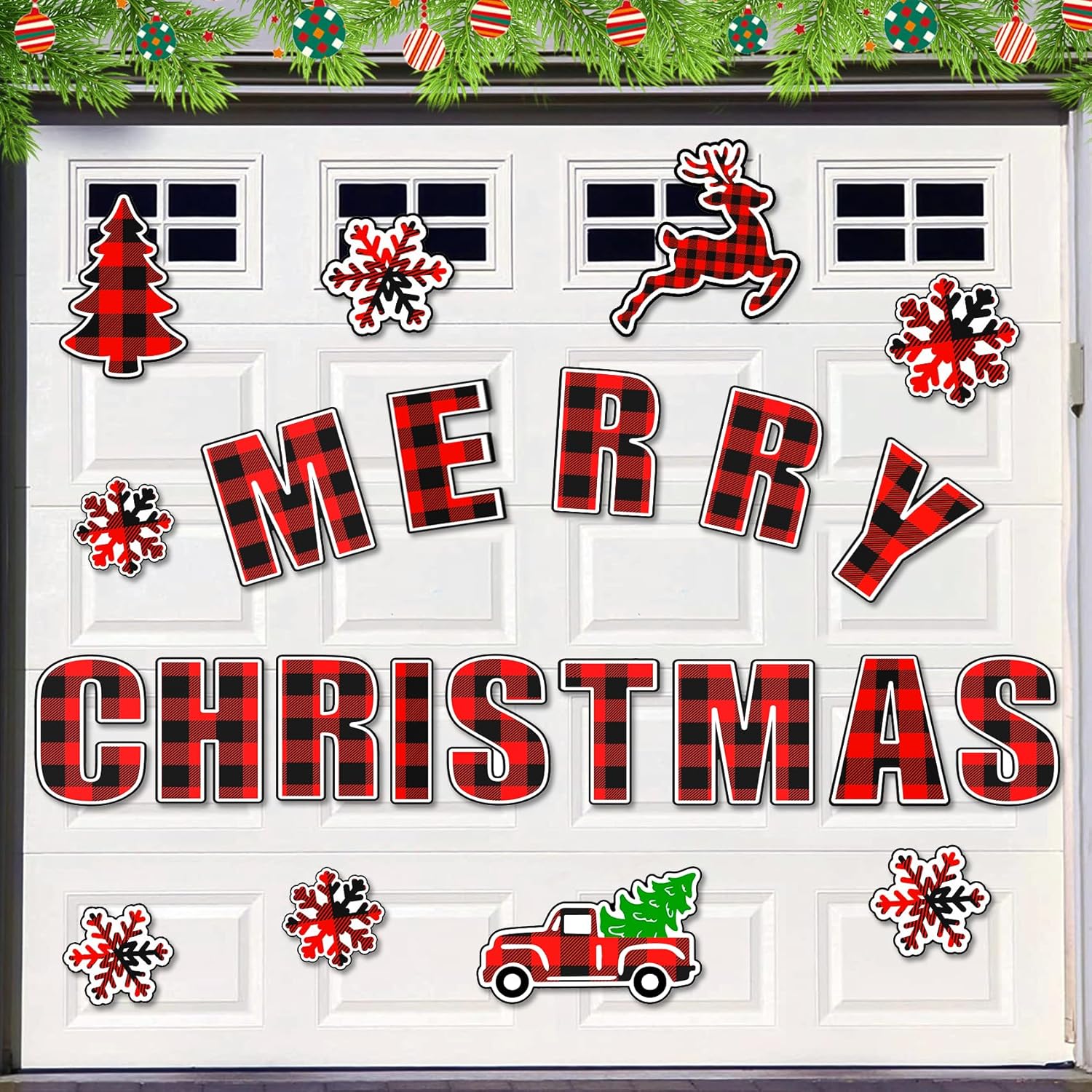 Garage Door Decorations - 23Pcs 7.5In Garage Door Christmas Magnets Decorations, Large DIY Buffalo Plaid Merry Christmas Magnetic Stickers Decal Mural Cover for Refrigerator Car Window Home Outdoor Decor Xmas Party Supplies