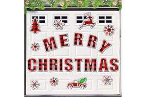 EUNVABIR 23 Pcs 7.5 in Garage Door Christmas Magnets Decorations, Large DIY Buffalo Plaid Merry Christmas Magnetic Stickers Decal Mural Cover for Refrigerator Car Window Home Outdoor Decor Xmas Party Supplies