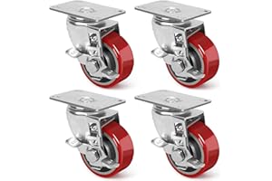 ZDNEY 3 Inch Heavy Duty Casters, Swivel Caster Wheels with Brake, Polyurethane on Steel Wheel- Casters Set of 4 with 1400 lb Capacity, Caster Wheels for Furniture Workbench Cart (4 Side Brake)