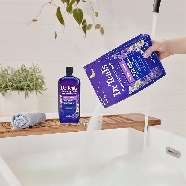 DR TEAL’S PURE EPSOM SALT SOAK, SLEEP BLEND WITH MELATONIN, LAVENDER & CHAMOMILE ESSENTIAL OILS, 3 LBS