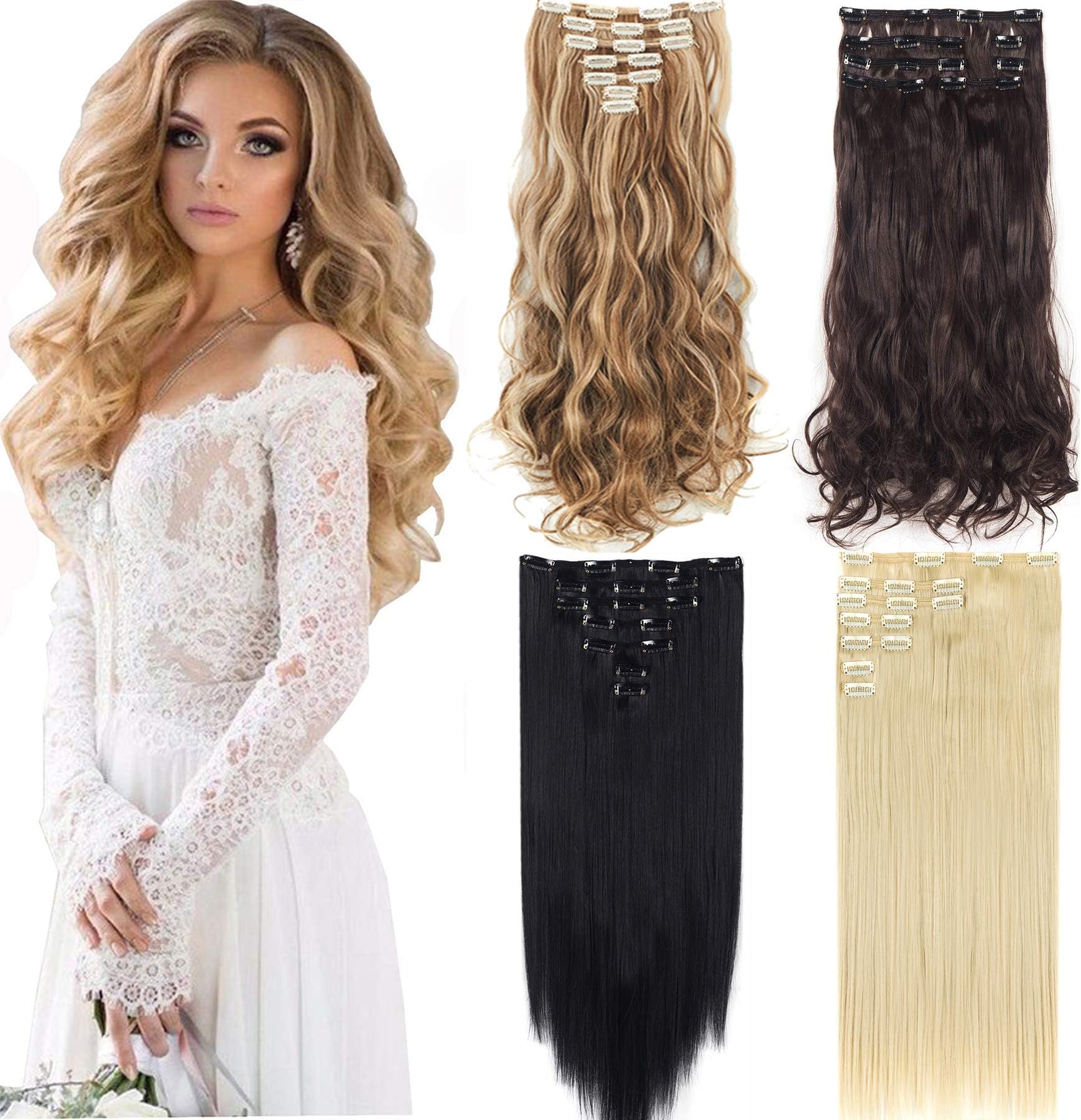 SLLIE 7Pcs 16 Clips Curly Straight Double Weft Clip in Hair Extension Thick Synthetic Hair Extensions Hairpieces