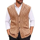 Runcati Mens Cable Knit Sweater Vest Shawl Collar Casual Slim Fit Sleeveless Button Down Cardigan Vest with Pockets
