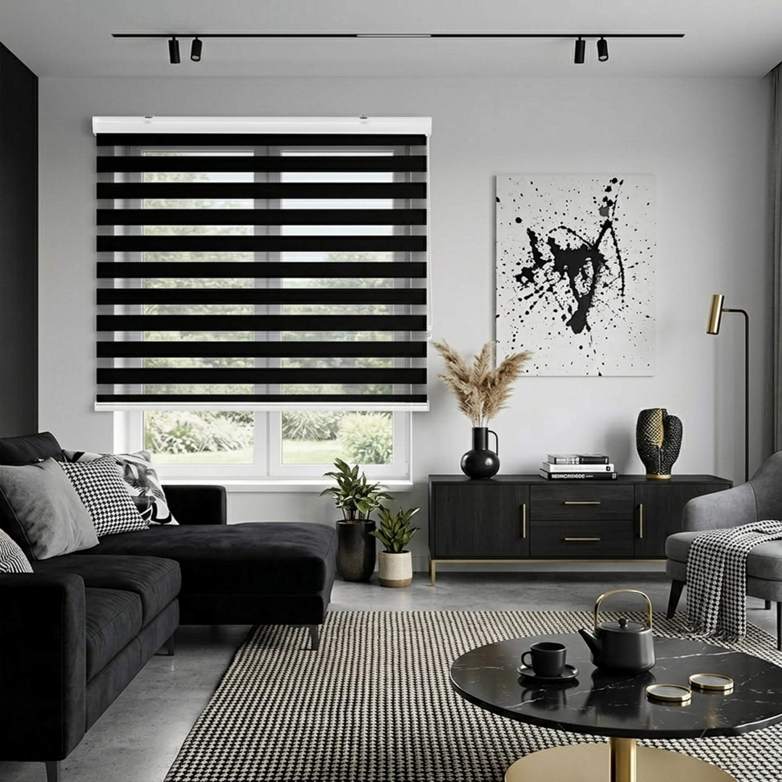 Blindecor - Lira Luxury Double layered roller blind, Night and Day, Black, 140x180cm (width x length)