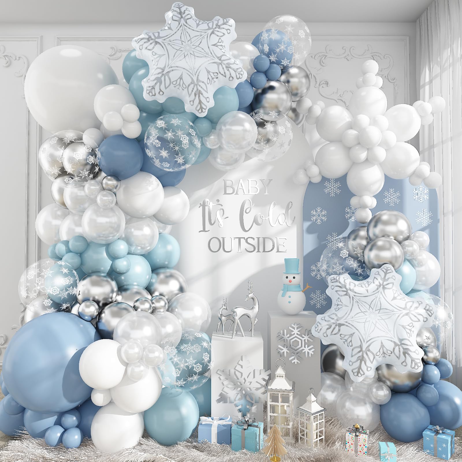 Photo 1 of **missing--PARTIAL SET---**Winter Wonderland Balloon Arch Garland Kit, Dusty Baby Blue Slate Blue Silver White Snowflake Foil Balloons for Winter onederland Christmas Baby Shower Snow Princess Birthday Party Decorations