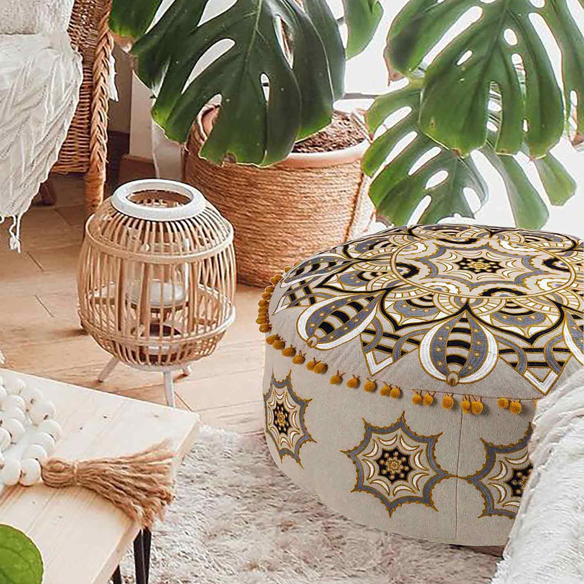Orange Round Velvet Pouf Cover - Soft Embroidered Ottoman Slipcover with Moroccan Design, 24 Inch Diameter, Ideal for Living Room, Bedroom, or Meditation Space - Decorative Floow Pillow Cushion โ image 1