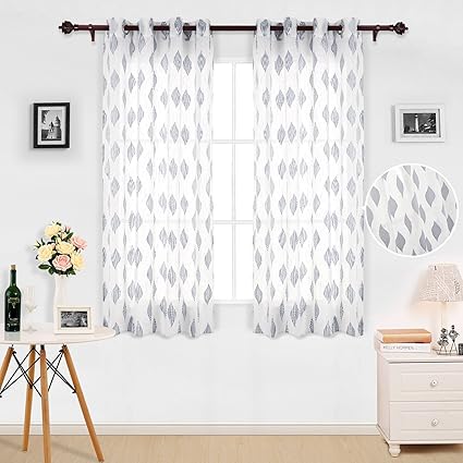 Deconovo Sheer Voile Curtains Eyelet Faux Linen Jacquard Leaves