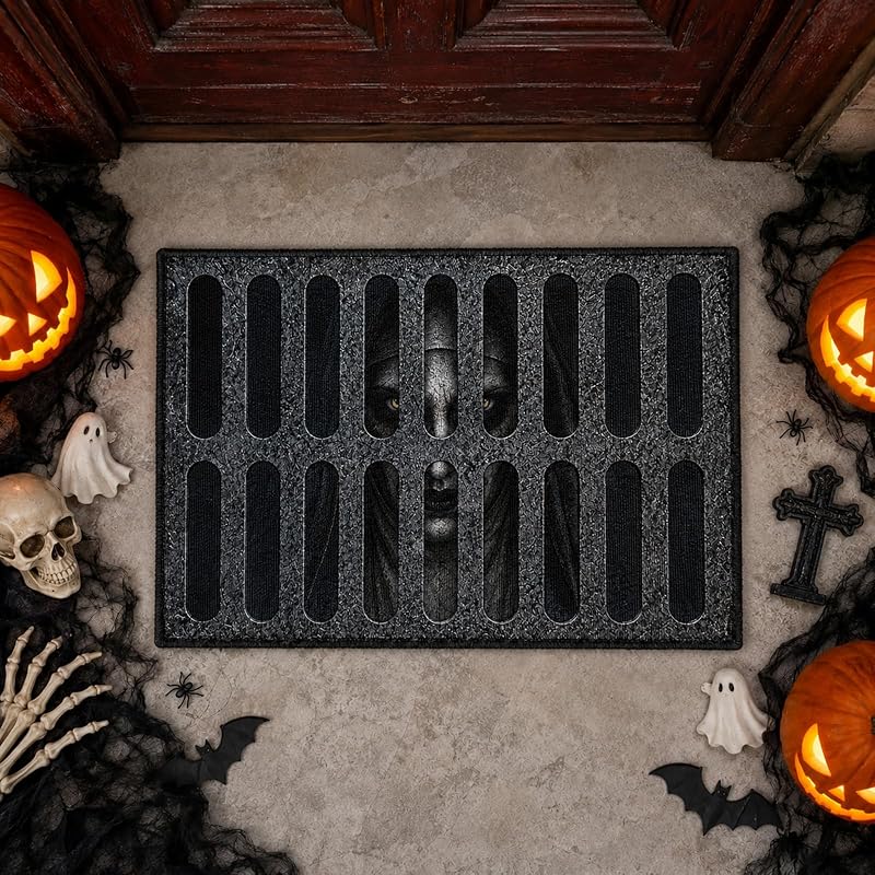 Felpudo de Halloween 60 x 40 cm, 3D terror felpudo interior y exterior (gris-bueno)