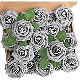 N&T NIETING Artificial Rose, 25pcs Gray Fake Foam Flowers with Stems for Wedding Party Baby Shower Cake Decoration, Home Display
