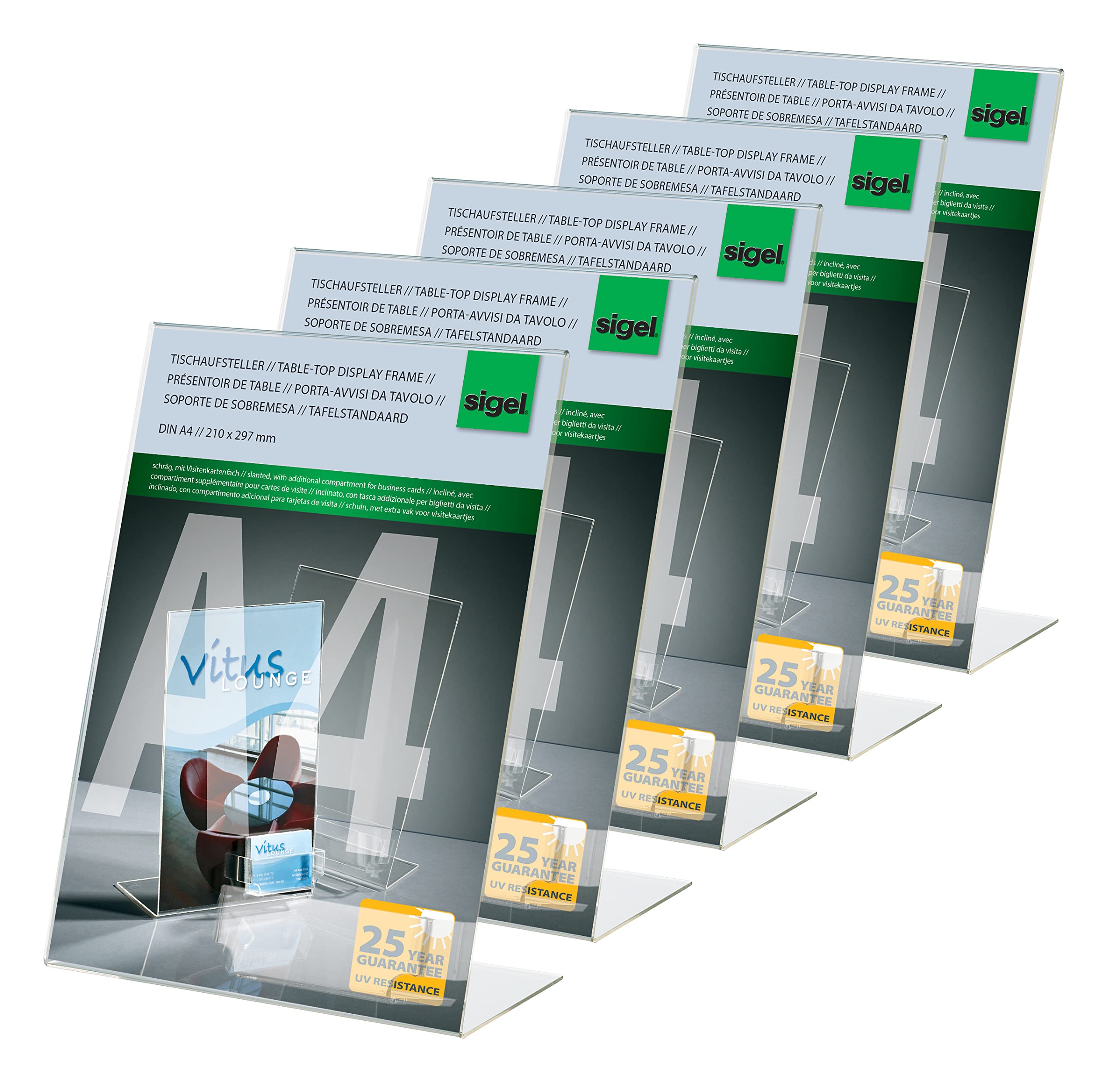 SIGEL TA230 Sign Holder, slanted, for A4, with business card compartment, uv resistant acrylic, transparent, 5 Pieces