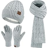 ZASFOU Womens Winter Beanie Hats Long Scarf Touchscreen Gloves Set Warm Knit Skull Caps Gifts for Women