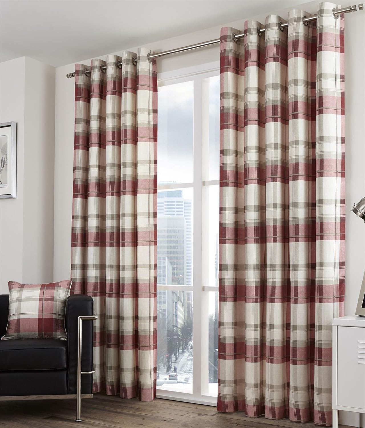 Bonnie Lined Eyelet Curtains 66 X 90 Tartan Check Bright Red