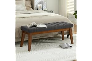 WUTUTUEE 43.5'' Linen Bedroom Bench, Upholstered End of Bed Bench with Tufted Button, Padded Vintage Dining Bench, Entryway Bench with Solid Wood Legs, Kitchen, Living Room, Hallway, Dark Grey Tufted