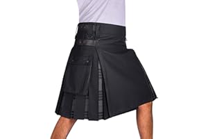 DSS KILTS- Men's Hybrid Black Cotton & Tartan Utility Kilts with Leather Straps-Plus Size Kilts for Men