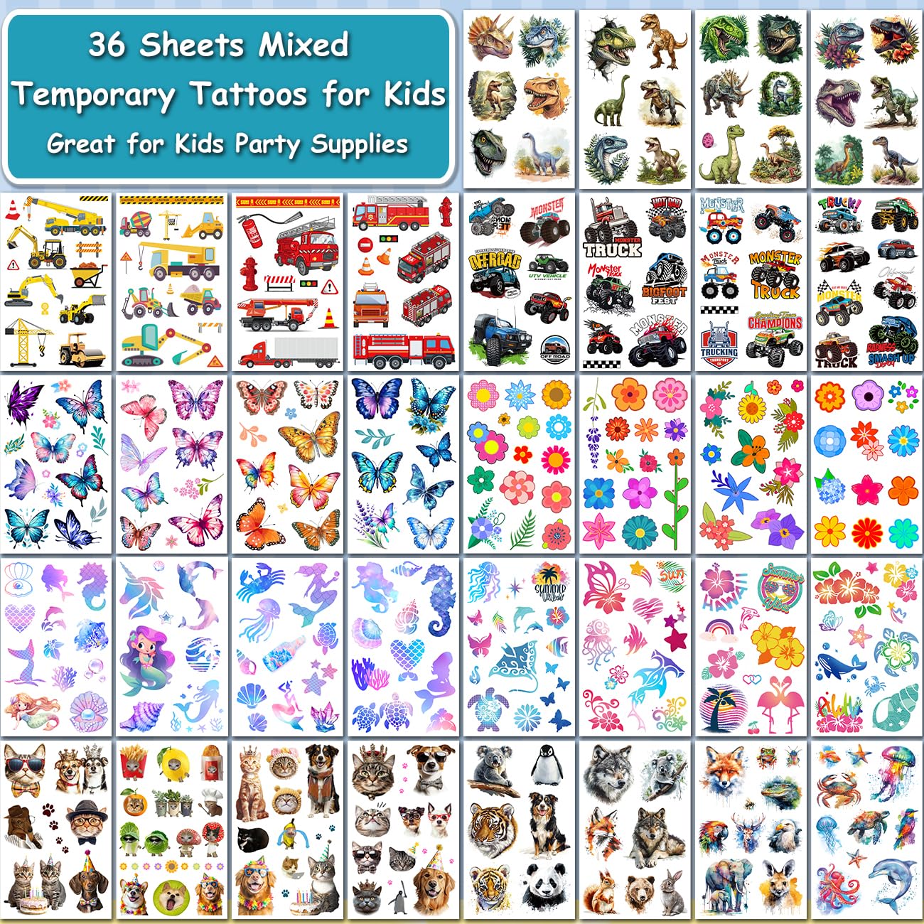 CHARLENT Temporary Tattoos for Kids - 320 Mixed Styles (36 Sheets) Tattoo Stickers Set for Boys and Girls, Car Dinosaur Hawaii Mermaid Watercolor Animals Tattoos for Kids Birthday Party Supplies