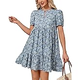 Women's Floral Babydoll Mini Dresses Puff Short Sleeve Zip Up Ruffle Swing Dress with Pockets