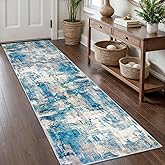 KOZYFLY Modern Abstract Rug Runner, 2x8, Blue, Low Pile, Machine Washable, Non-Slip, Recycled Fiber, Area Rug for Hallway, Ki