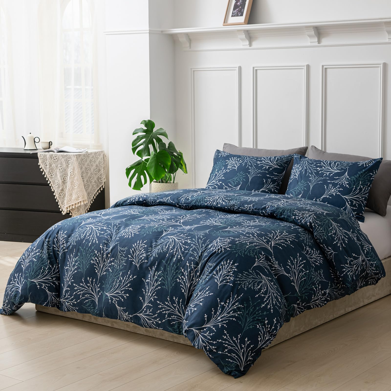 Tokokimo Double Duvet Cover Set Blue Bedding - Reversible Color Double Duvet Set Blue (1x Quilt Cover, 2x Pillow Cases) Soft Microfibre Floral Bedding 200x200 cm, Floral
