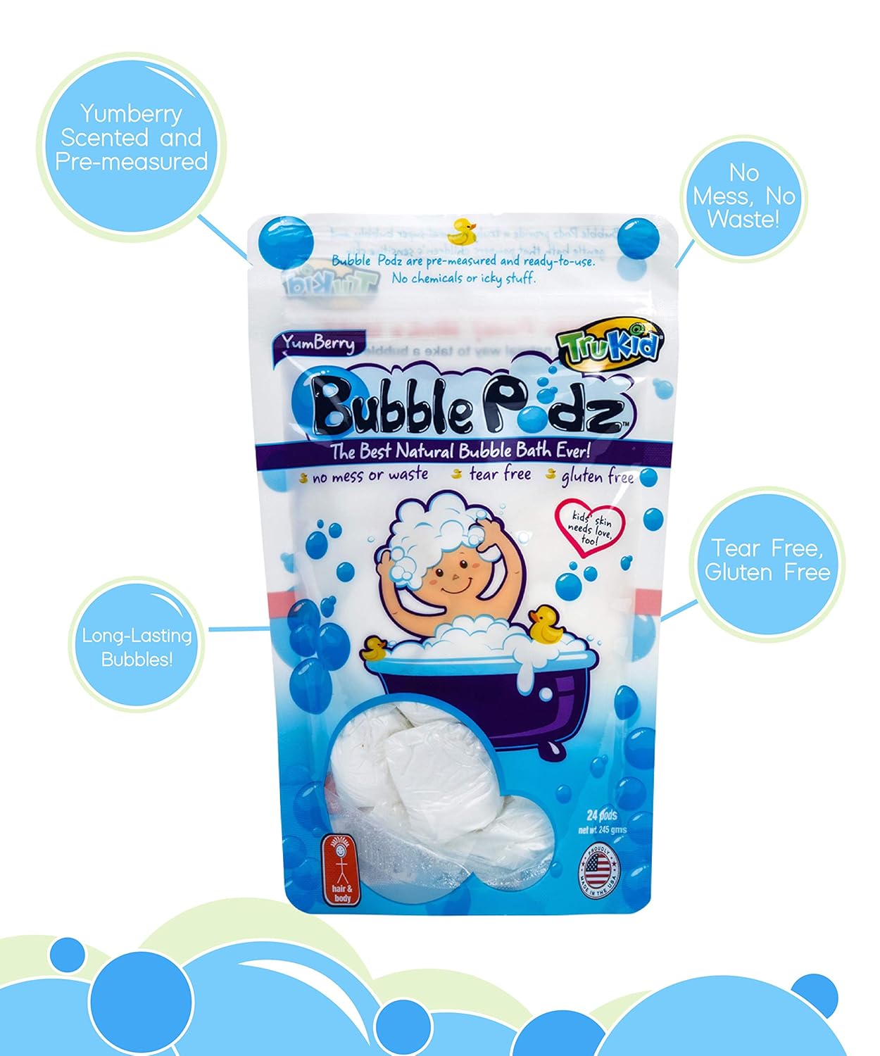 TruKid Bubble Podz Care for Sensitive Skin - Yumberry Scented Wellness Bath Bomb for Kids - Pediatrician and Dermatologist Tested - 24 Count: Beauty