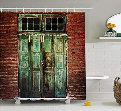 Ambesonne Rustic Shower Curtain Rusty Old Door Of Red Brick Wall