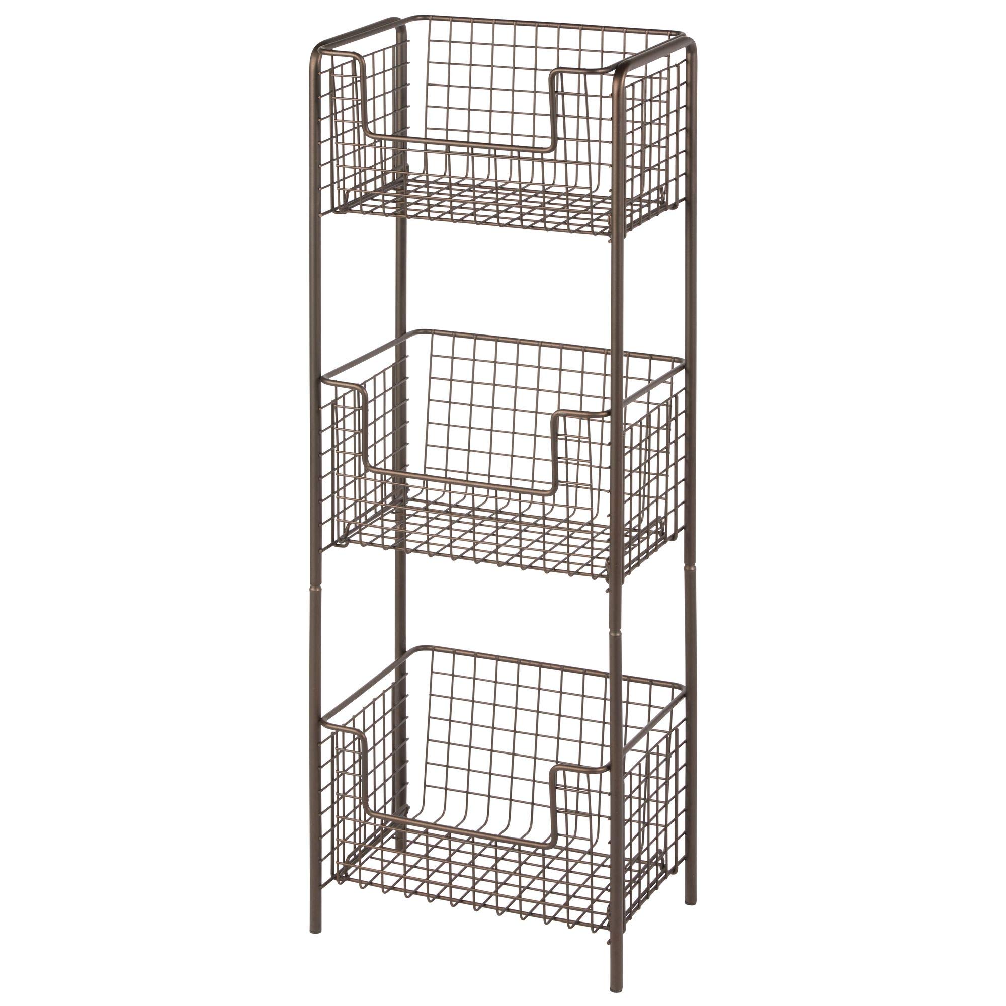 mDesign 3 Tier Vertical Standing Bathroom Shelving Unit, Decorative Metal Storage Organizer Tower Rack with 3 Basket Bins to Hold and Organize Bath Towels, Hand Soap, Toiletries - Bronze