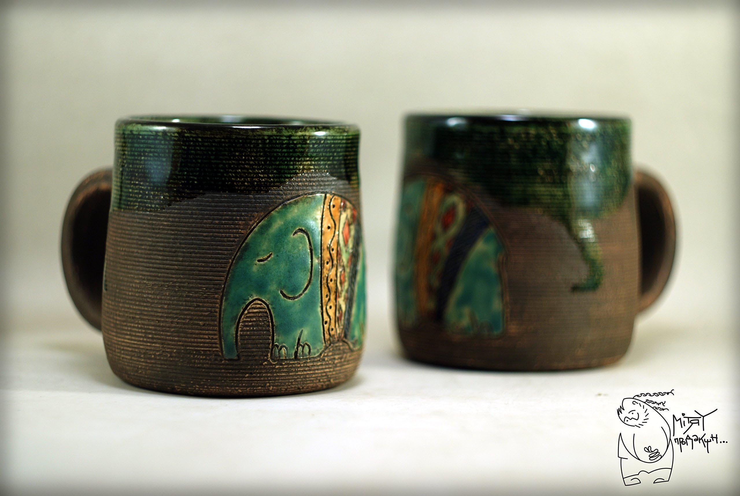 Handmade ceramic coffee mug with elephant Pottery black pattern сlay tea cup