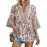 VALOLIA Womens Bohemian Peasant Tunic Blouse Floral Print V Neck Loose Casual Vacation Top