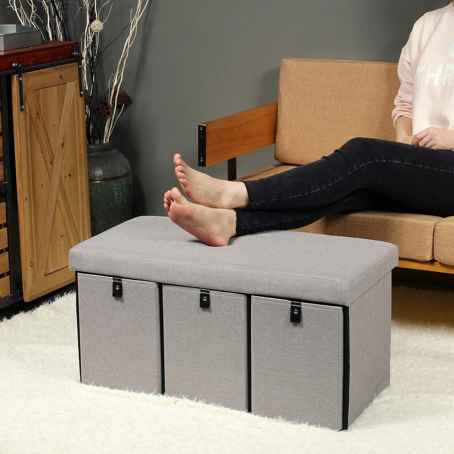 B FSOBEIIALEO Ottoman with Drawers, Folding Storage Ottoman Cube Foot Rest Stool Shoes Bench Linen 30″x15″x15″: Furniture & Decor