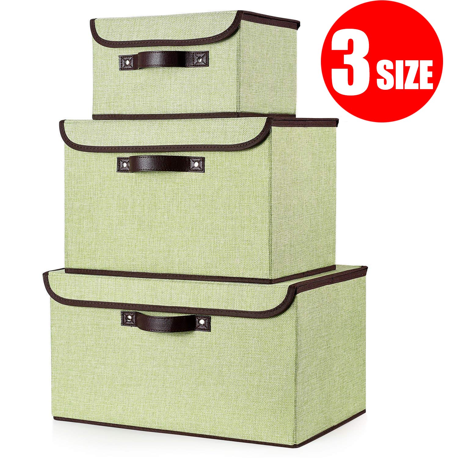 senbowe Storage Bins, Set [3-Size] Foldable Storage Cubes Box Lids Handles, Collapsible Storage Basket Containers Organizer Linen Fabric Home, Office, Nursery, Closet, Bedroom