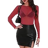GUANYY Womens Long Sleeve Boat Neck Glitter Tops Sheer Sparkly Blouse Sexy See Through Layering Shirts