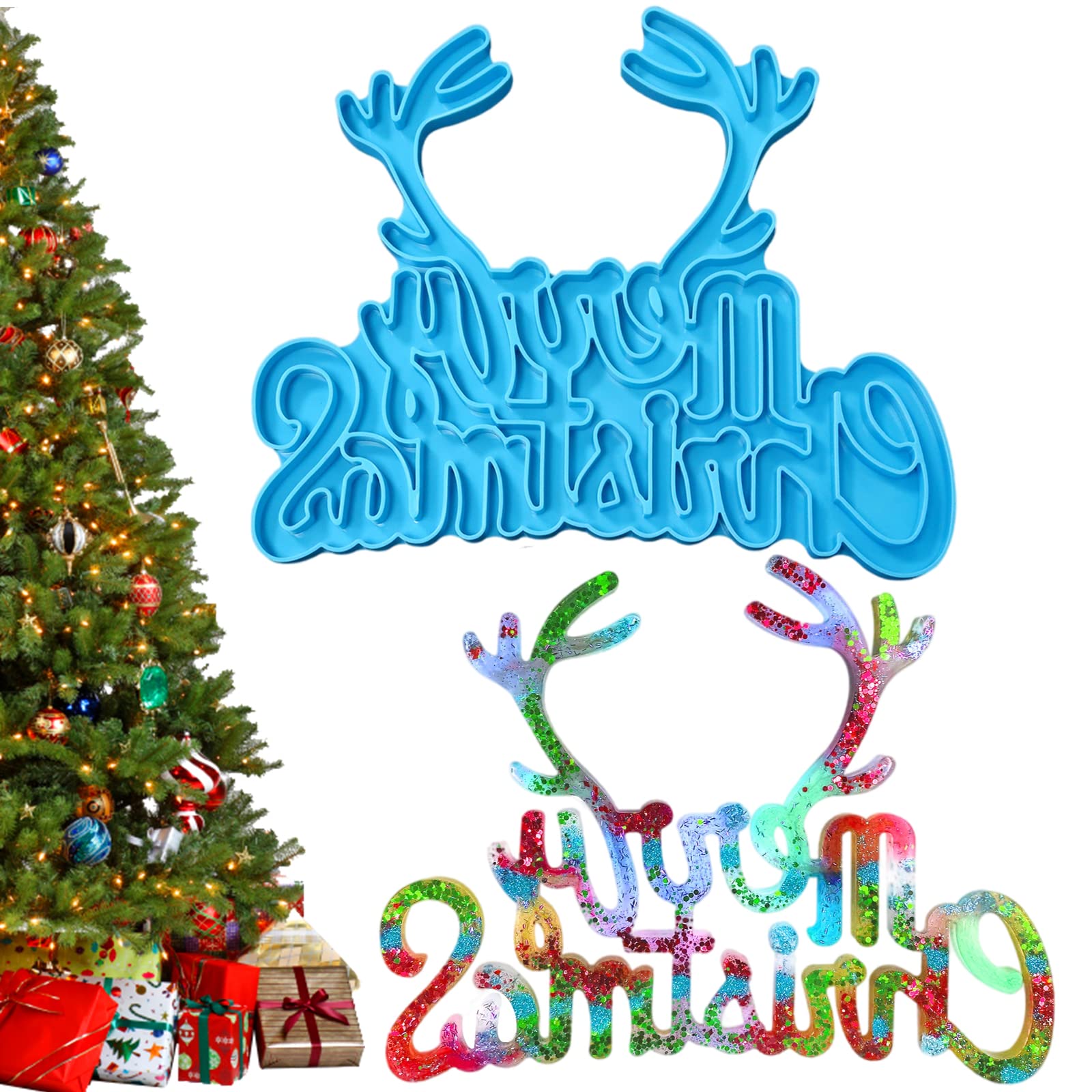 cakefly Christmas Resin Moulds Deer Christmas Silicone Mould Antler Merry Christmas Decorations Elk Ornaments Jewelry Making Mold Crystal Epoxy Casting Molds, Blue, 25x21x1cm