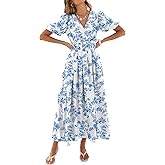 Caracilia Womens Short Puff Sleeve Maxi Dress Boho Floral A Line V Neck Spring Summer Formal Wedding Guest Party Long Dresses