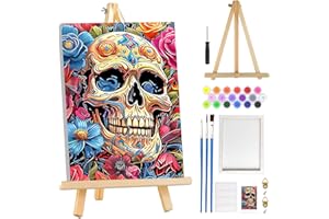 MOGTAA Halloween Skull Paint by Numbers for Adults Beginners with Frame, Flowers Adult Paint by Number Kits with Easel, Easy 