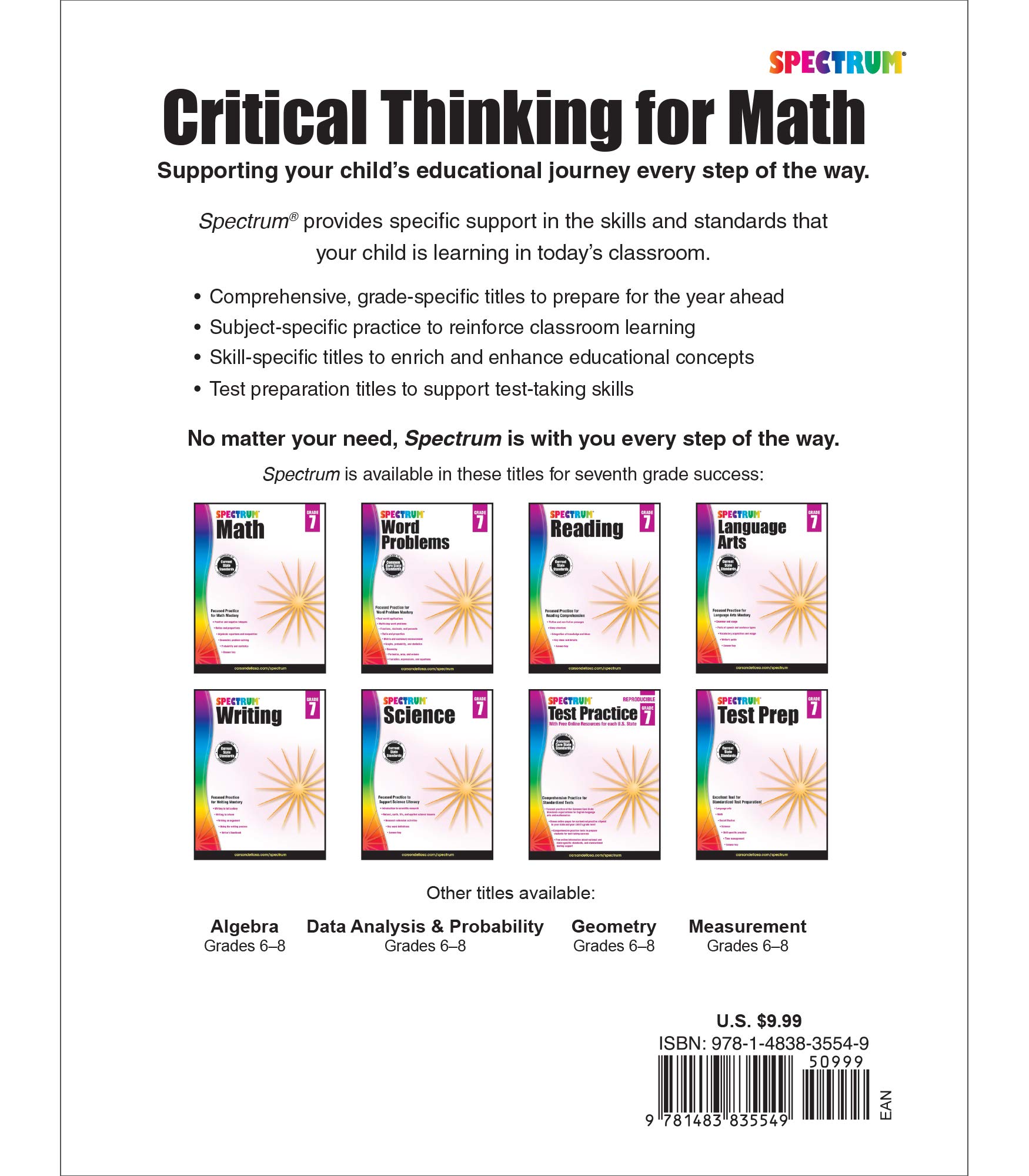 Spectrum Grade 7 Critical Thinking for Math Workbook, Mathematics Middle School Books Covering Algebra, Geometry, Ratio, Statistics, Integers, and More, Classroom or Homeschool Curriculum (Volume 49)