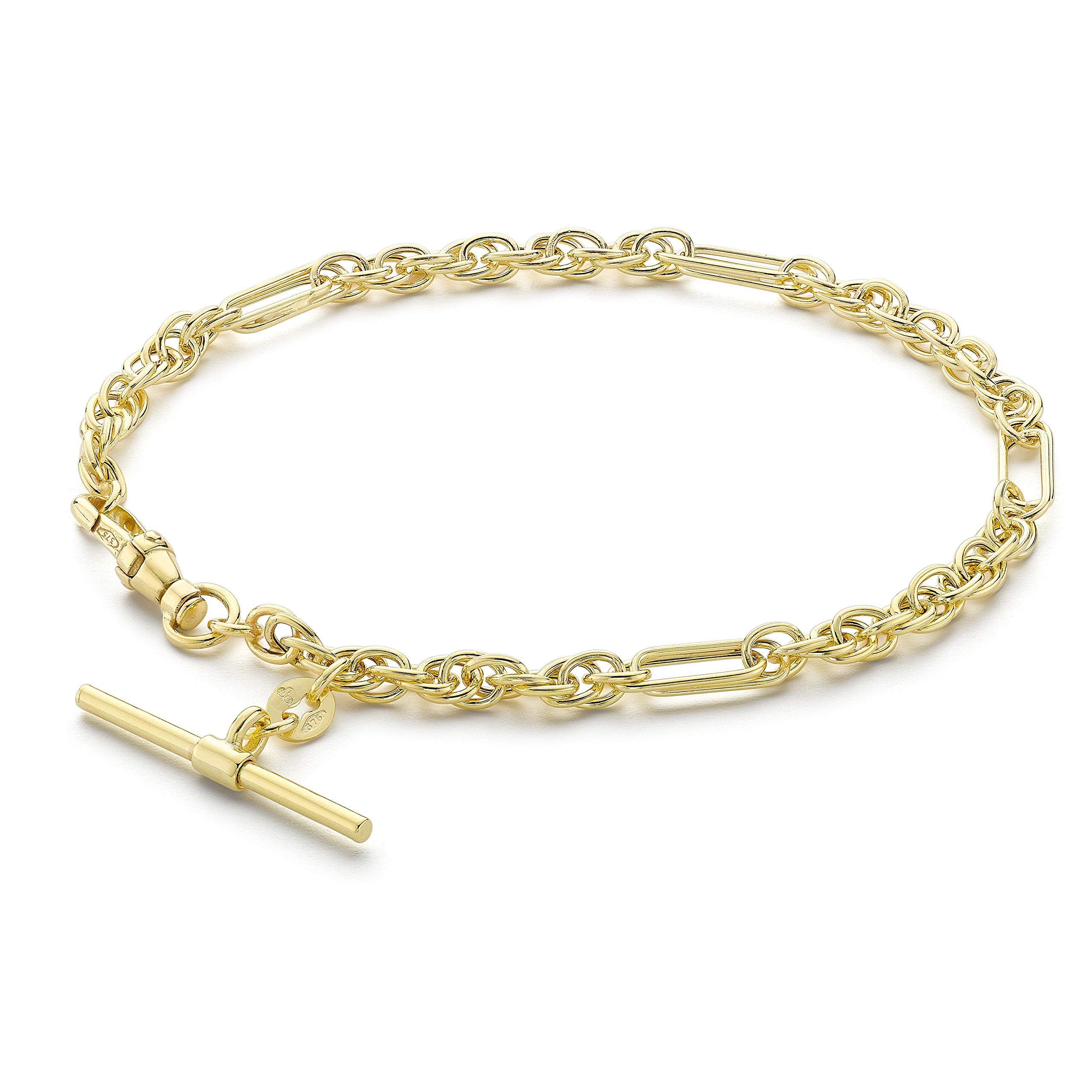 CARISSIMA Women's 9ct Yellow Gold T-Bar Figaro Rope Chain Albert Clasp Bracelet - 19cm/7.5'