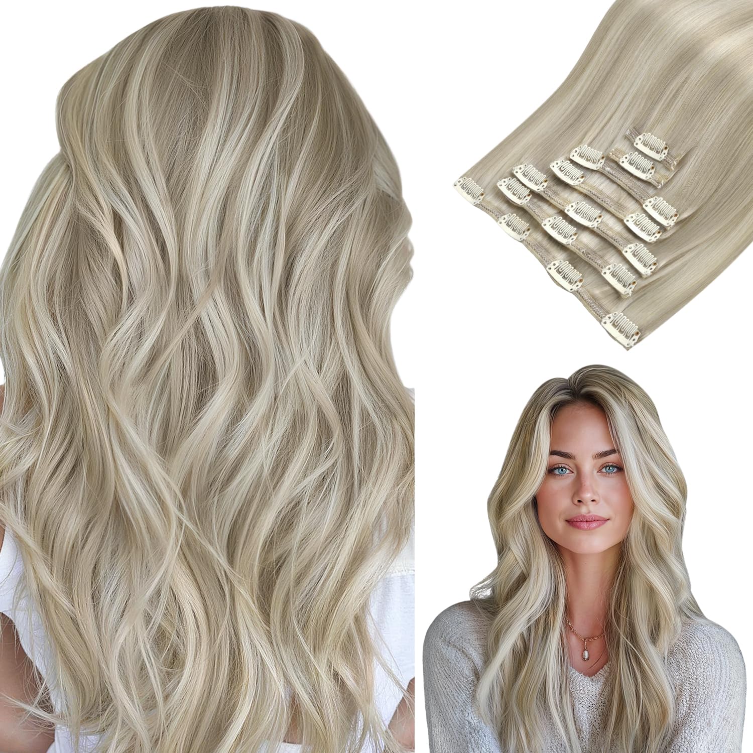 hotbanana Clip in Hair Extensions, Ash Blonde Highlighted Platinum Blonde Clips in Hair Extension Real Human Hair Double Weft Clip In human Hair Straight Remy Hair Extensions 18 inch 120g 7pcs — image 1
