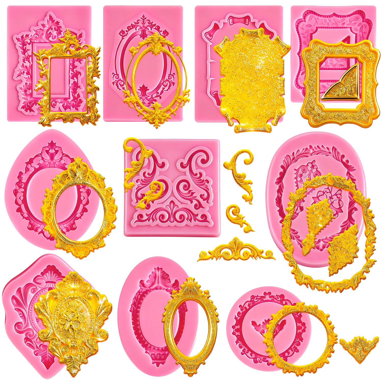 Photo 1 of 10 PCS Photo Frame Fondant Molds, Mini Photo Frame Silicone Molds Baroque Style Vintage Frame Molds for Cupcake Topper Cake Decoration Chocolate Candy Polymer Clay Baking Desserts