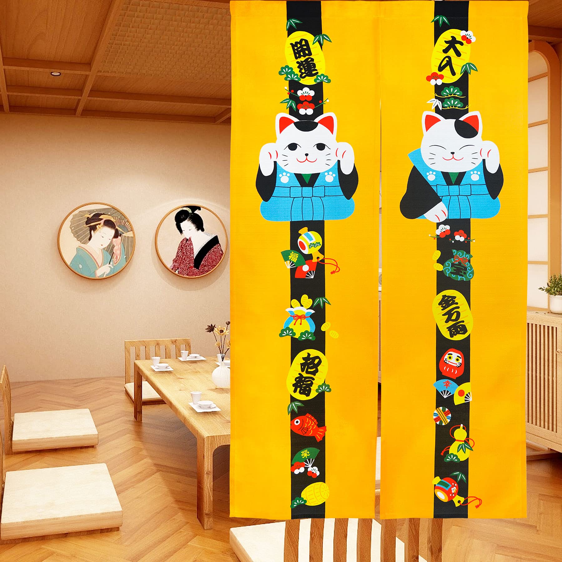 LIGICKY Japanese Style Noren Long Doorway Curtain Hanging Door Tapestry for Home Decoration 33.5 x 59 inch, Yellow (Fortune Cat)