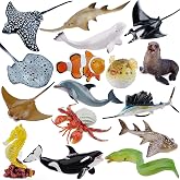 Toymany 16pcs Sea Animals Figurines with Fur Seal, Pufferfish, Clownfish, Hermit Crab Cake Toppers Easter Egg Christmas Birthday Gift Party Favor School Project for Kids