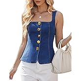 POTILI Women's Sleeveless Denim Vest, Square Neck Fitted Jean Top for Summer Fashion