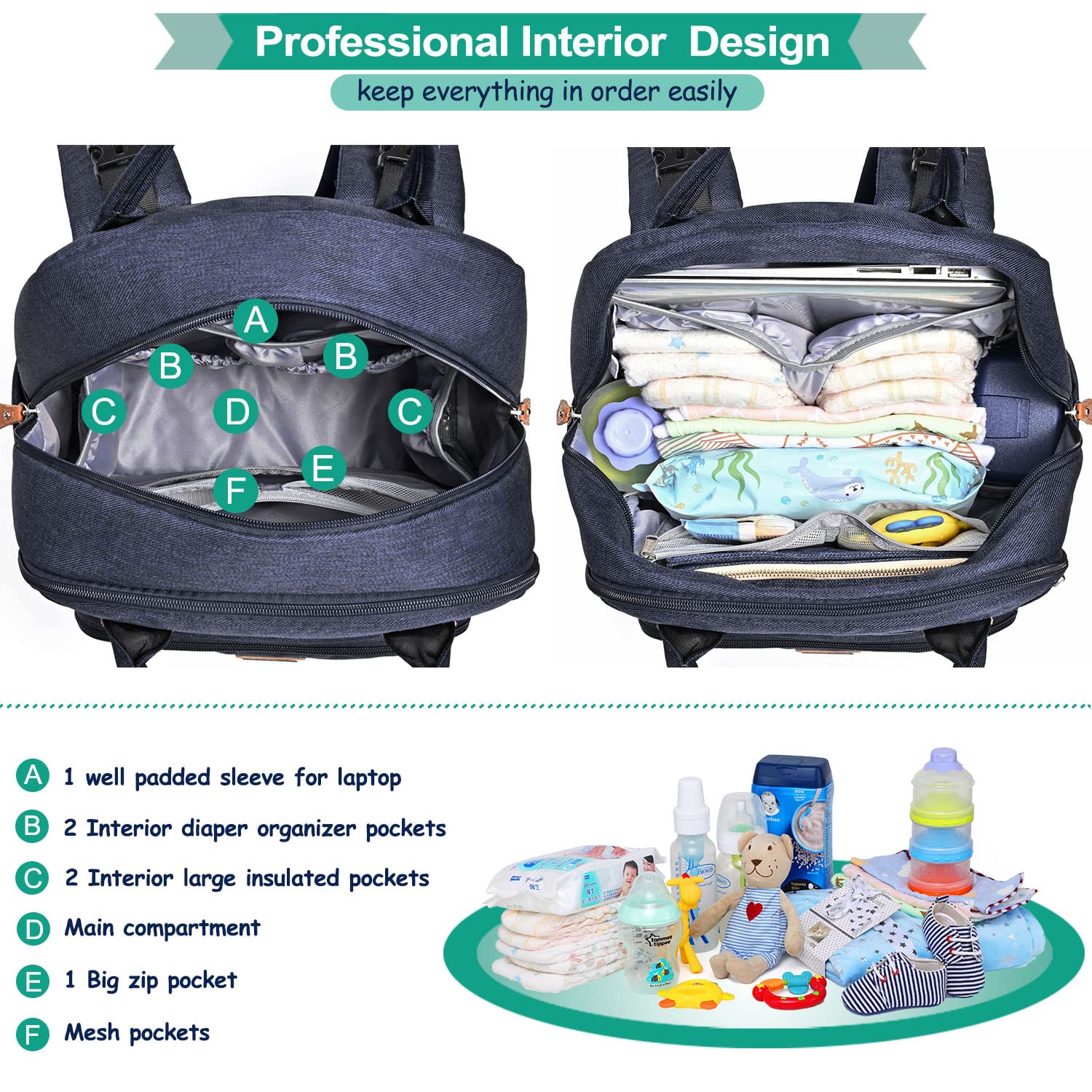 Diaper Bag Backpack, Unisex Baby Bags with Changing pad, Insulated Pockets & Pacifier Holder for Boys Girls, WELAVILA Large Multifunction Travel Back Pack for Mom & Dad, Navy Blue