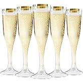Zcaukya 100 Plastic Champagne Flutes, 4.5oz Clear Disposable Hard Stemware Cups with Golden Rim, Plastic Champagne Glasses for Wedding, Graduation Party, Bridal Shower, Birthday Party