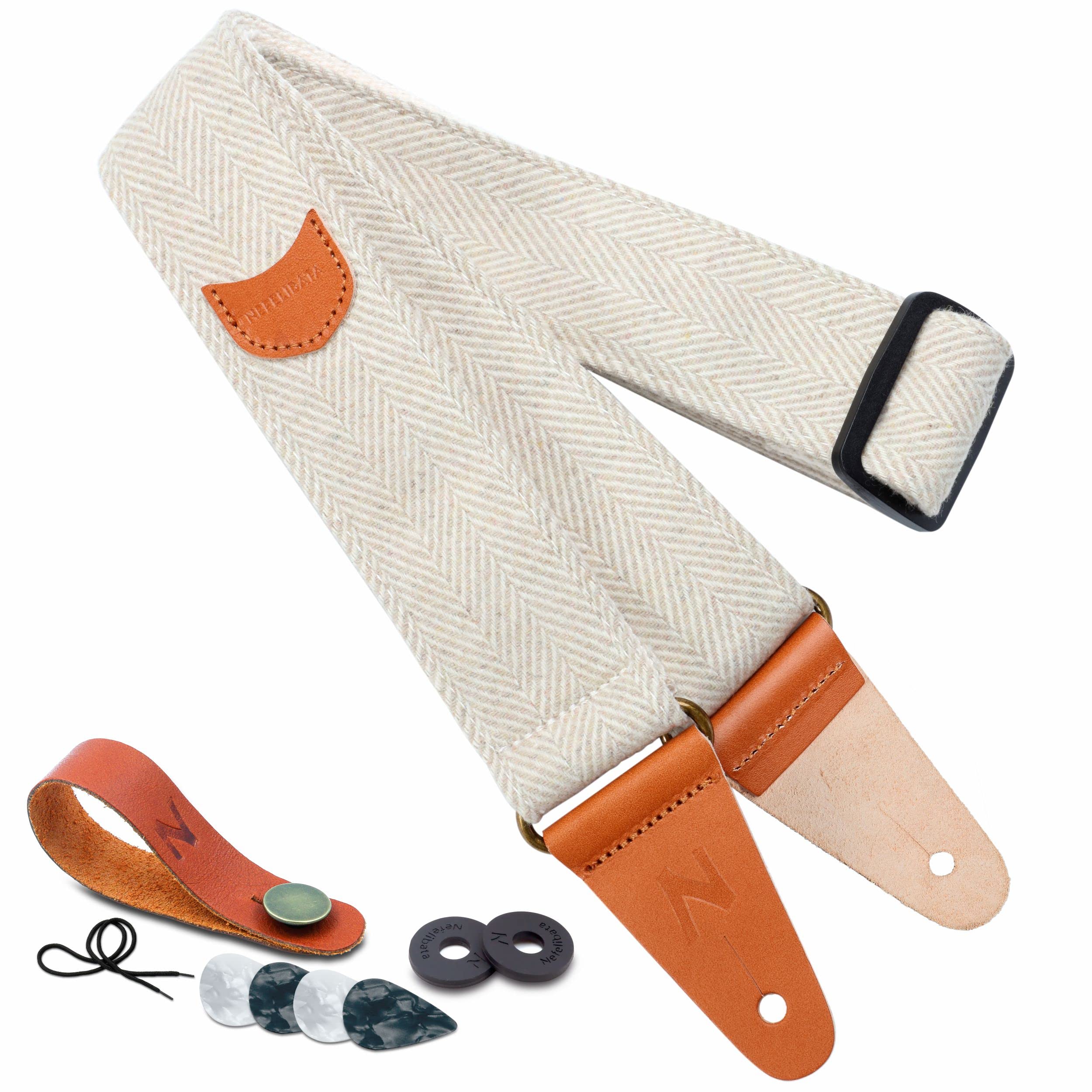 Nefelibata Guitar Strap, Soft Cashmere-containing Fabric Full Grain Leather End Guitar Straps for Bass, Electric and Acoustic Guitars, Free Button, Locks and Guitar Picks — image 1