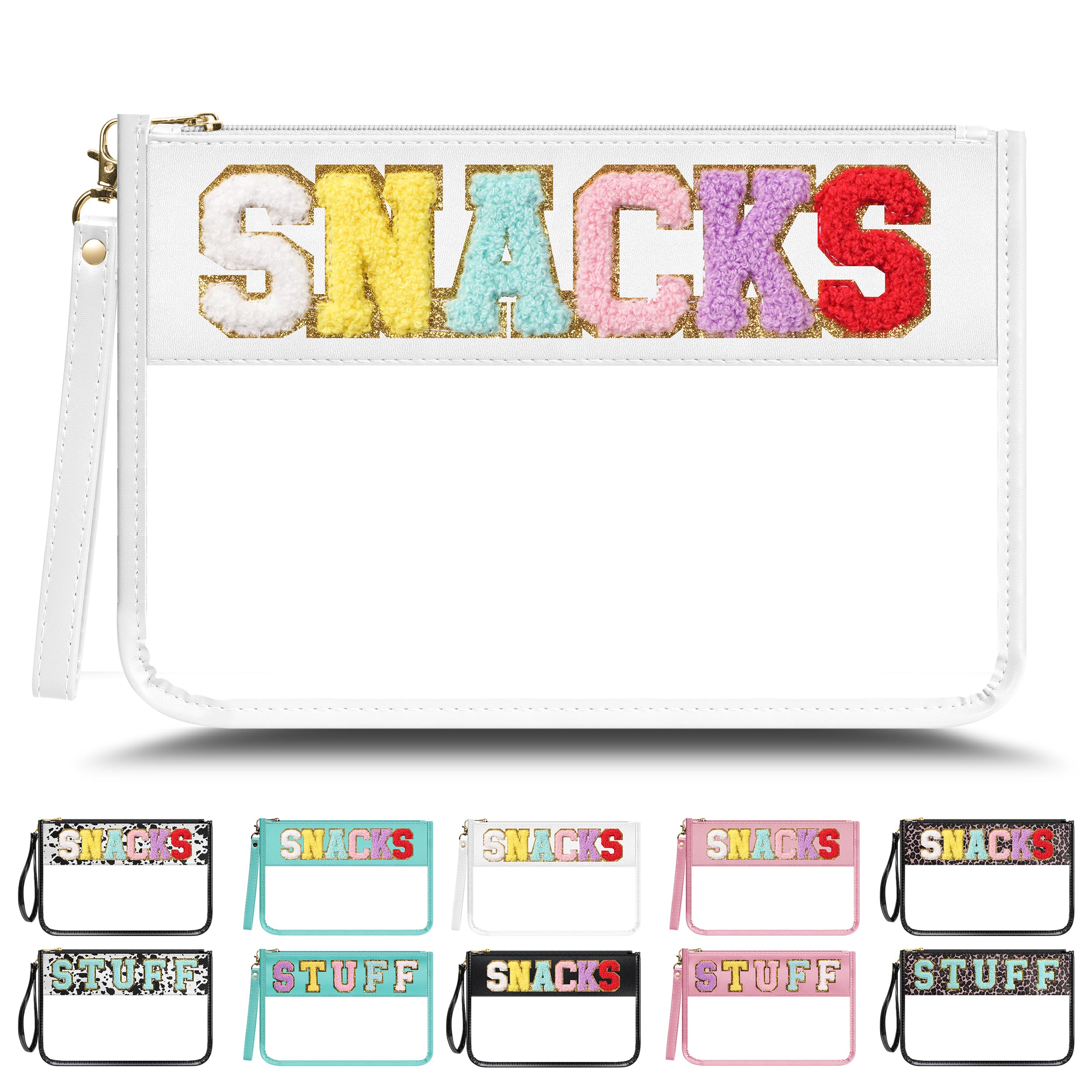 Photo 1 of YEMEDA Clear Zipper Pouch PVC Waterproof Nylon Makeup Letter Bag for Women Girls Chenille Letter, for Travel, Cosmetic Bag, Snack Bags, Clear Stuff Bags, For Travel,?White-Snacks?