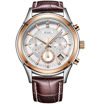 BUREI Mens Chronograph Wrist Watches with Rose Gold Date Analog and Brown Leather Strap