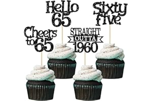 Ephlyn 24Pcs 65th Birthday Cupcake Toppers Glitter Straight Outta 1960 Cupcake Picks Hello 65 Cheers to 65 Years Cake Decorations for 65th Birthday Anniversary Party Decorations Supplies Black