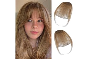 DinkyTims Clip in Bangs 100% Real Human Hair Bangs Hair Clip Thin Light Brown Fake Bangs,Clip on Bangs for Women Faux Bangs Clip in Hairpieces with Hair Roller(Thin Bangs, Light Brown)