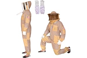 US APIARY 3 Layer Bee Suit with Fencing Veil and Round Veil One Pair Gloves Sting Proof Ventilated Beekeeping Suit, 2 Veils