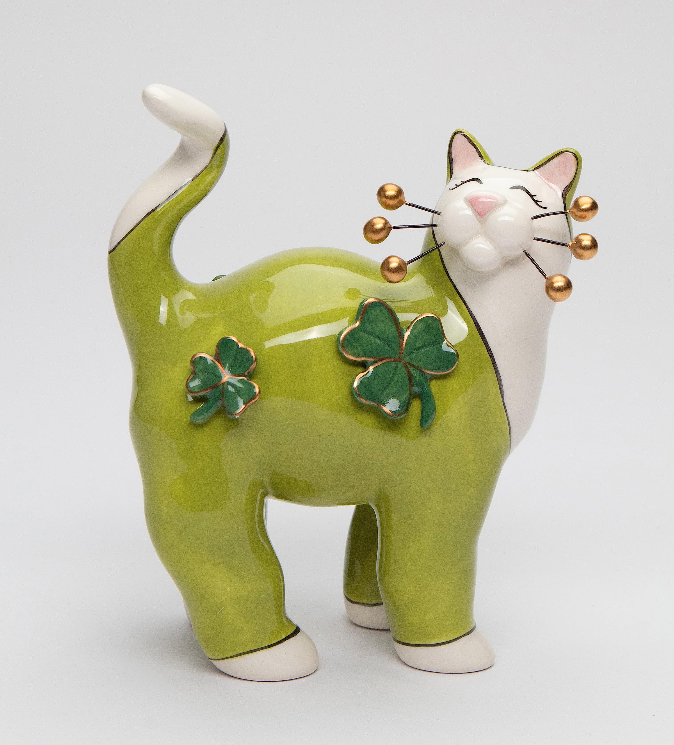 Cosmos Gifts 10299 Fine Ceramic Irish Cat with Shamrocks Leaves Figurine, Green, 4 1/4" x 2 3/8" x 5-1/2"H