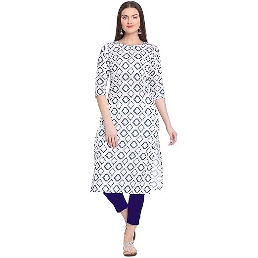 Womens White Cotton Straight Calf Length Block Printed Kurti